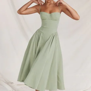 Robe Midi Plissée – Bretelles Fines & Poches