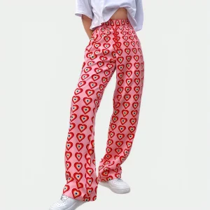 Pantalon Fluide Femme Motifs Cœur, Taille Élastique, Jambes Larges