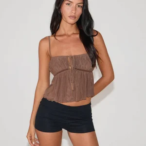 Carmina Tie Front Cami Top in Mesh Brown