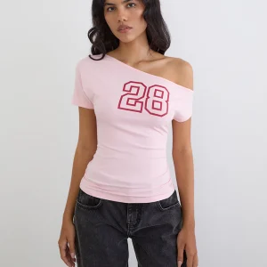Haut asymétrique Danama en jersey de rayonne rose pâle avec motif « 28 »