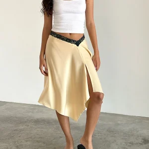 Jupe midi Houda, beige et dentelle grise