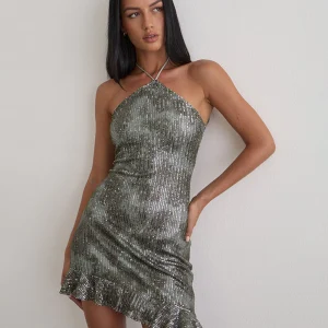 Dikta - Mini robe asymétrique en paillettes vertes et grises