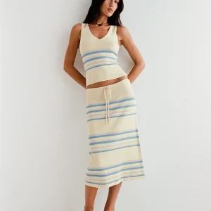 Jupe midi Amalia, crème avec rayures bleues et grises