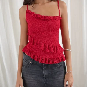 Octavia - Top cami asymétrique en dentelle rouge