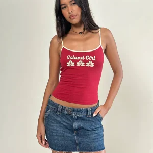 Top Solani en rouge adrénaline avec reliure en pierre et graphique Island Girl